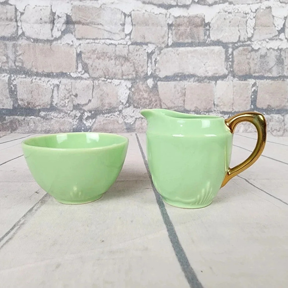 Vintage 1940s Biltons Open  Sugar and Creamer Set England Pistachio Green Gold - Picture 4 of 16